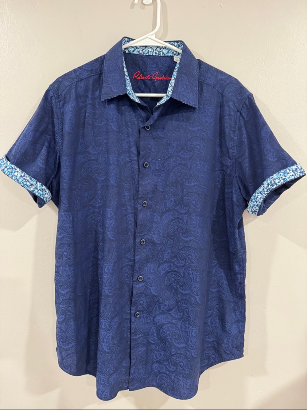 Robert Graham men’s Navy Paisley Short Sleeve Button-Up with Floral flip cuff